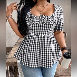 Classic Black and White Gingham Peplum Top with Flower Accents Top Blouse Shirt
